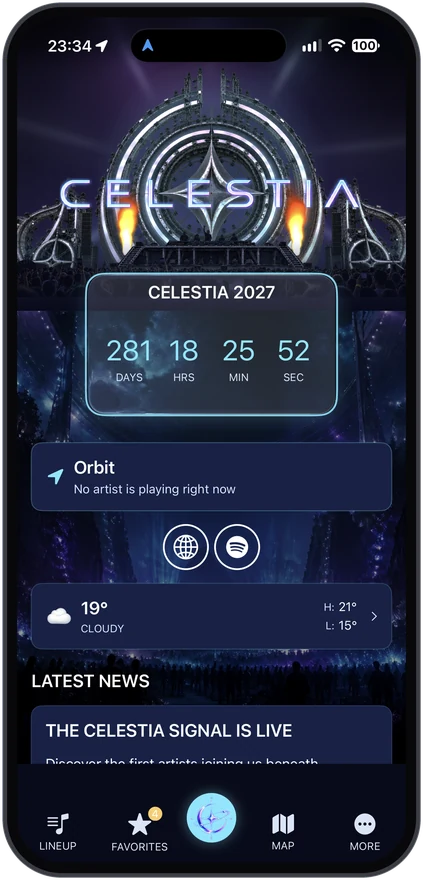 The Celestia home screen before the event, with a countdown and the weather forecast