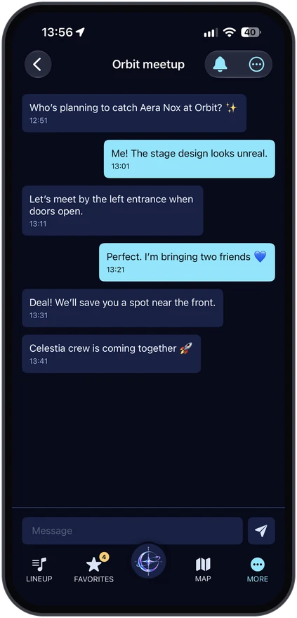 A Celestia group chat where friends arrange to meet at the left entrance for a concert