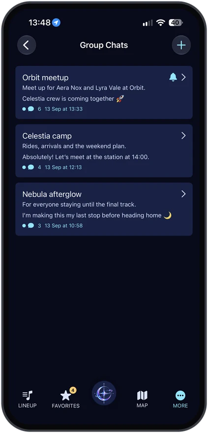 Celestia's Group Chats screen, listing three groups with their latest messages