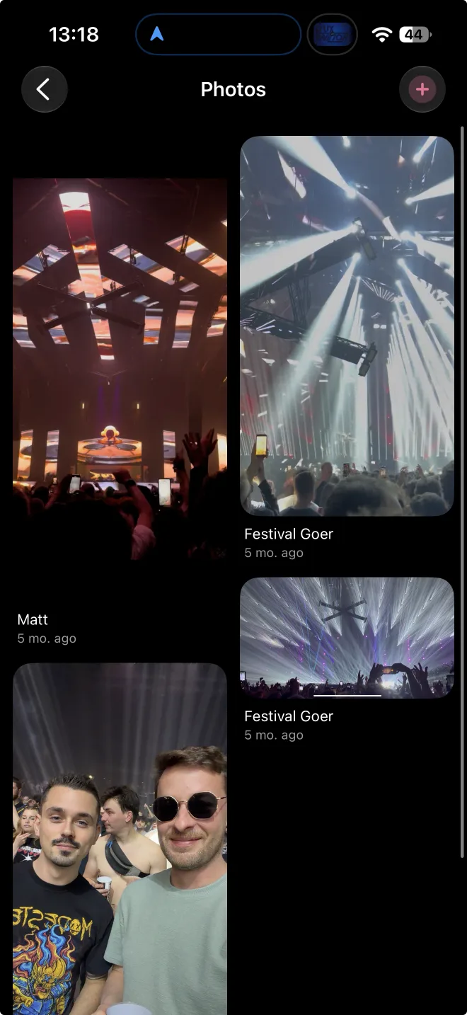 The Photos screen of a festival app, showing audience pictures shared in the event gallery