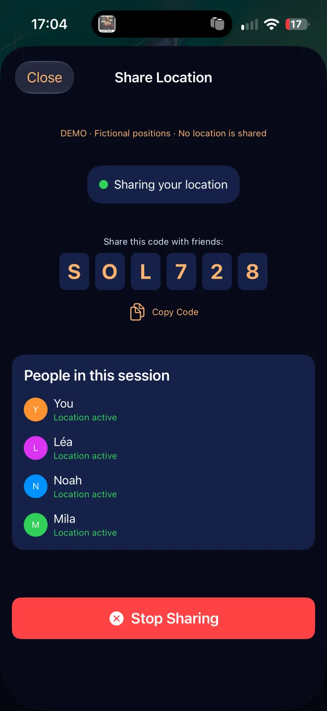 Live location shared with friends, by code or by link. Direction and distance to a friend across the site