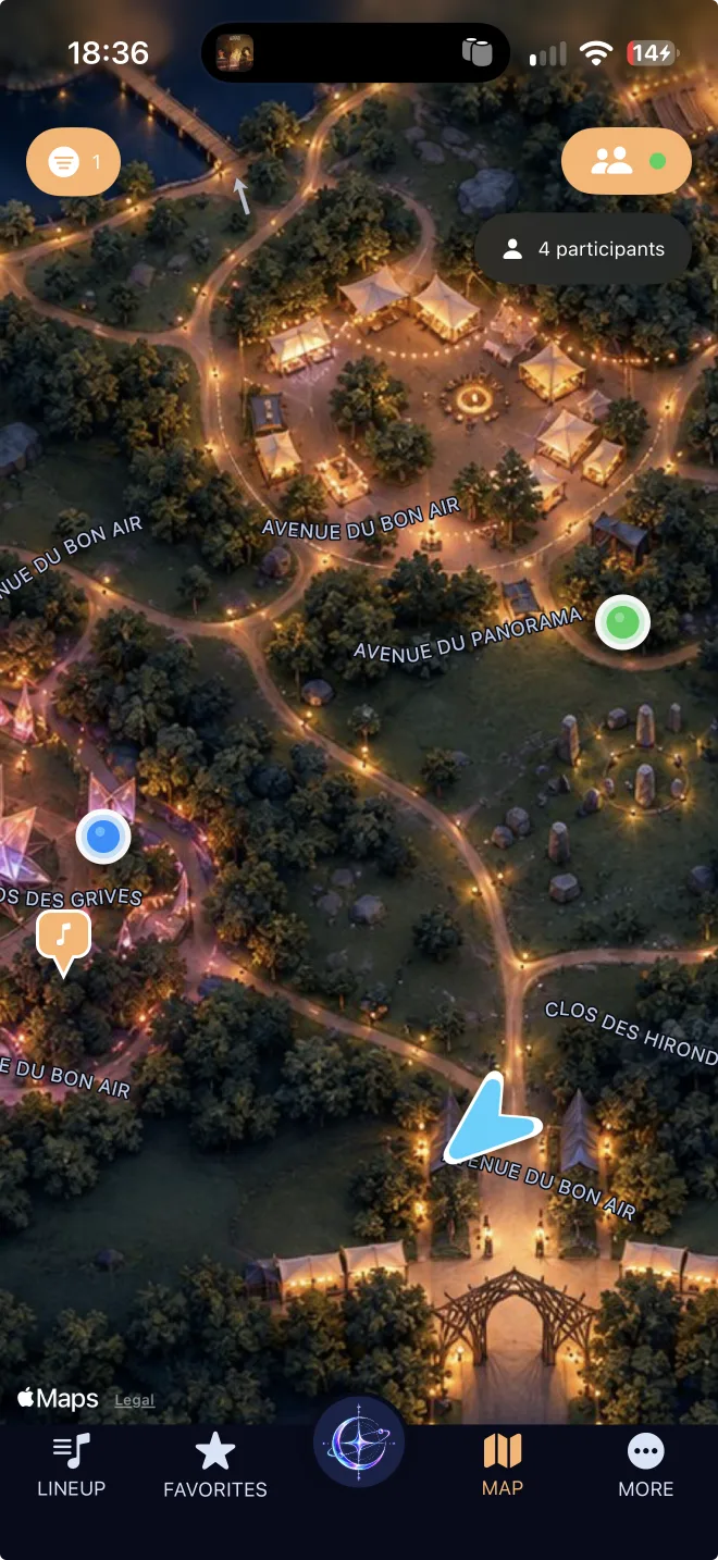 Live location shared with friends, by code or by link. Direction and distance to a friend across the site
