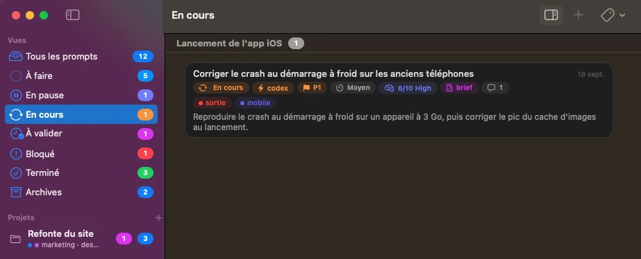 La vue En cours : une tâche, marquée codex, actuellement traitée par un agent.