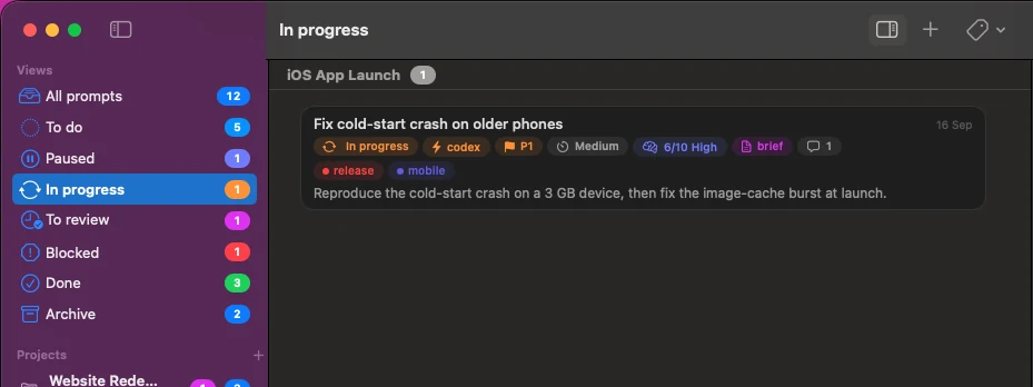 The In progress view: one task, tagged codex, that an agent is currently working on.
