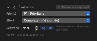 Le panneau d'évaluation : priorité P1 Prioritaire, effort Complexe, score de réflexion 7 sur 10.