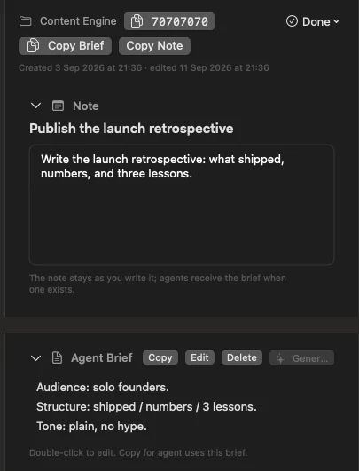 The same prompt's note above and its agent brief below, each with its own copy button.