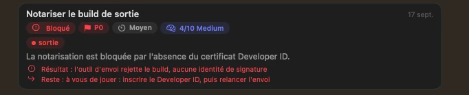 Une carte de prompt bloquée montrant le rapport de l'agent : l'outil d'envoi rejette le build faute de certificat, et la suite dépend de vous.