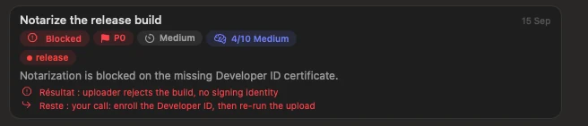 A blocked prompt card showing the agent's two-line report: the uploader rejects the build, and the next step is yours.