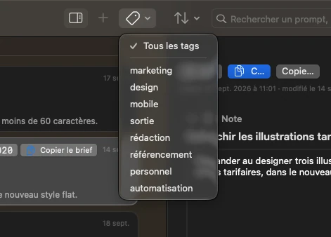 Le menu de filtre par étiquette ouvert au-dessus de la barre d'outils, listant marketing, design, mobile, sortie, rédaction, référencement, personnel et automatisation.