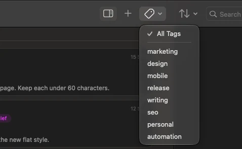 The tag filter menu open over the toolbar, listing marketing, design, mobile, release, writing, seo, personal and automation.