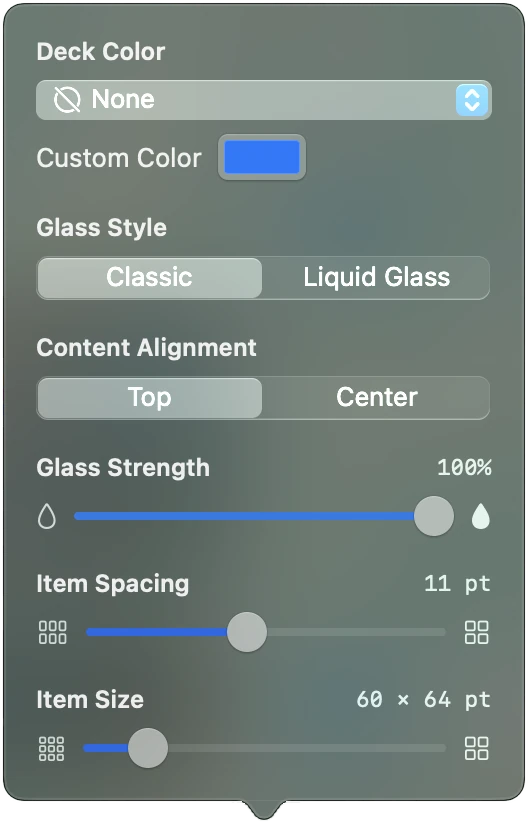 The TilesDeck appearance panel: a deck colour menu set to None with a blue custom colour beside it, a Classic or Liquid Glass style switch, a Top or Center alignment switch, and sliders for glass strength at 100 percent, item spacing at 11 pt, and item size at 60 by 64 pt.
