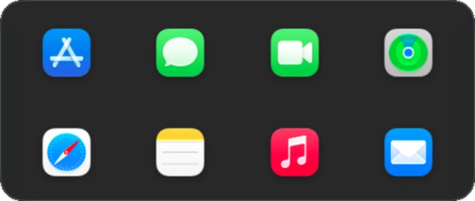 A wide deck of eight app icons in two rows of four, without labels.