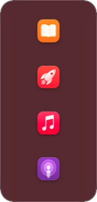 A deep red vertical deck of four media apps, without labels.