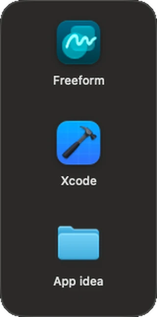 A narrow vertical deck holding Freeform, Xcode and a folder named App idea.