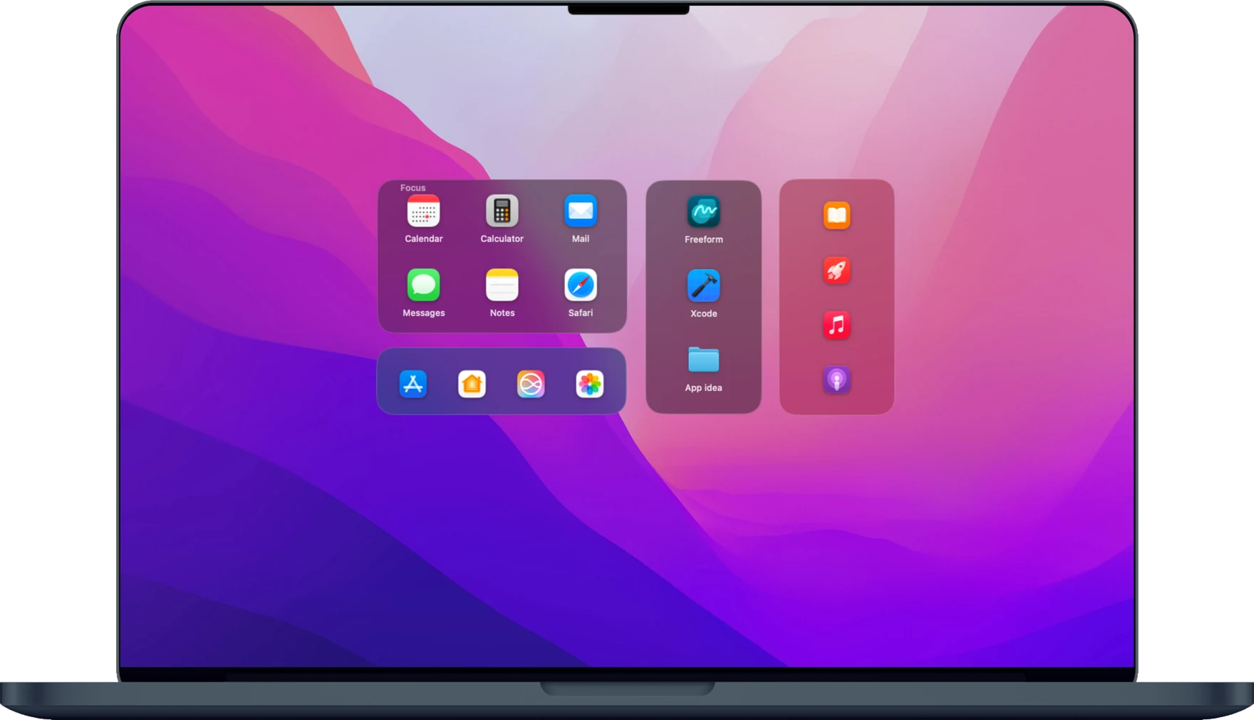 A Mac desktop carrying four TilesDeck decks: a labelled Focus deck of six apps, a compact deck of four app icons, a project deck holding Freeform, Xcode and a folder named App idea, and a red deck of four media apps.